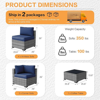MOCHITO 7 Pieces Outdoor Patio Furniture Sets, All-Weather Sectional Sofa Grey - Image 5