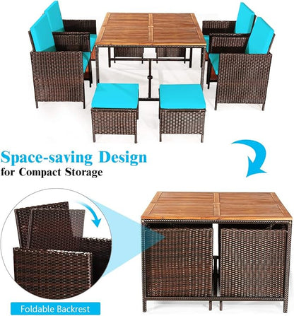 Tangkula 9 Pieces Acacia Wood Patio Dining Set, Space Saving Wicker Chairs and - Image 7