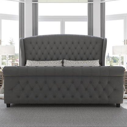 AMERLIFE King Size Platform Bed Frame, Velvet Upholstered Sleigh Bed - Image 3