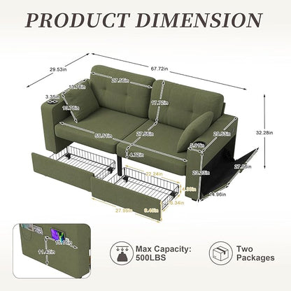 67" Small Loveseat Couch with Storage, USB Charging and Cup Holder, Space - Image 3