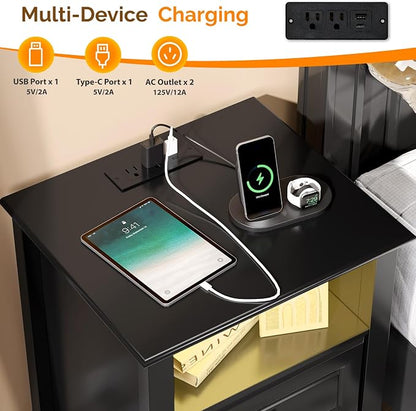 Bonnlo Led Nightstand with Charging Station, Night Stand Black Bedside Table - Image 3