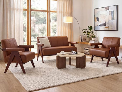 STHOUYN Brown Leather Loveseat Sofa and Accent Chairs Set of 2, Mid-Century by STHOUYN