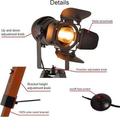 Decoluce Vintage Tripod Floor Lamp, Height Adjustable Wooden Camera Tripod - Image 6