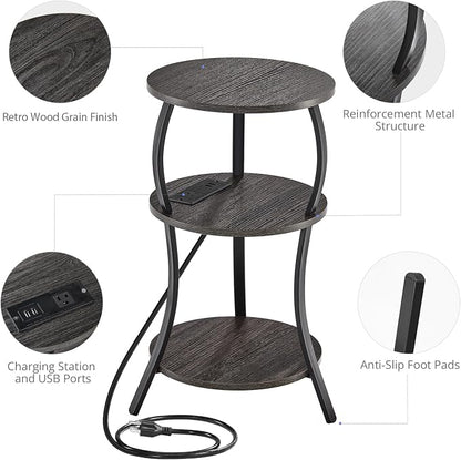 Small Round Side Table with Charging Station, 3-Tier Waist Circular End Table - Image 6