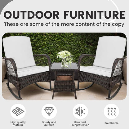 LEVELEVE 3pcs Modern PE Wicker Outdoor Rocking Chairs & Glass Table Set - Image 5