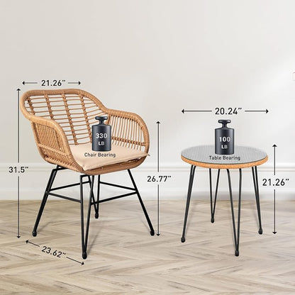 3 Piece Outdoor Wicker Furniture Bistro Set, Rattan Chairs Conversation Sets - Image 3