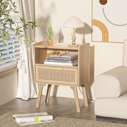 Lerliuo Rattan Nightstand with Charging Station, Boho Night Stand with Handmade - Image 8
