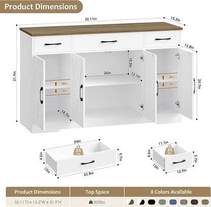 HOSTACK Buffet Cabinet with Drawers, Modern Farmhouse Coffee Bar Station Wood - Image 3