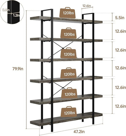Heavy Duty 6-Tier Industrial Bookcase, 120lbs Shelf Capacity, Rustic Open - Image 2