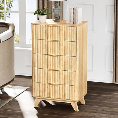 VINGLI Fluted Tall Dresser 5 Drawer, 23.66" W Chest of Drawers, Oak Wood Dresser - Image 7