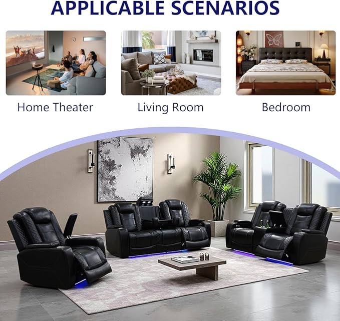 Power Recliner Sofa Set, Living Room Furniture Sets, Leather Reclining Sofa Set - Image 8