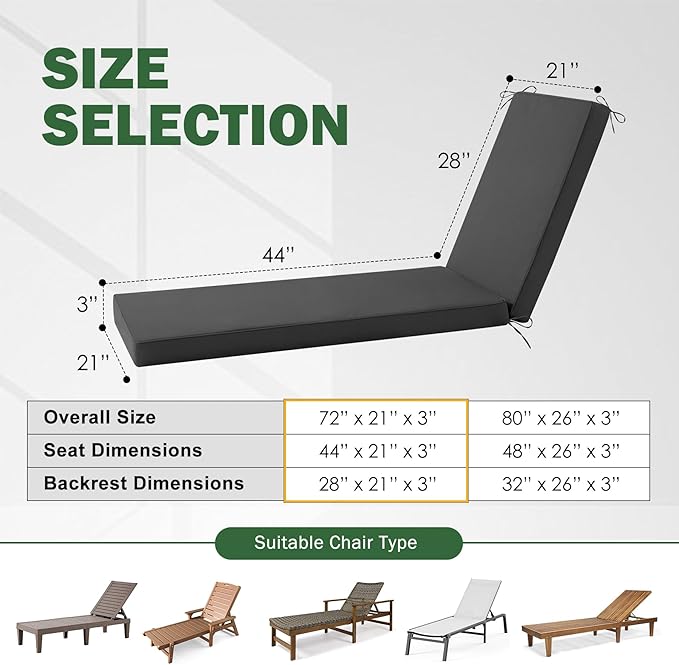 2 Pcs Chaise Lounge Cushions Outdoor Set of 2, Outdoor Chaise Cushion - Image 2