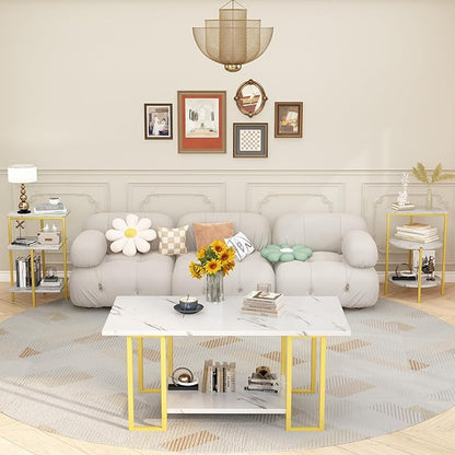 AWQM Faux Marble Table Set, Coffee Table & 2 Side Table, Faux Marble Tabletop - Image 6