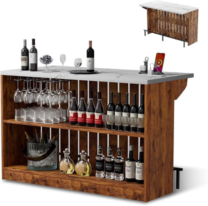 Home Bar Unit with LED Lights and Charging Station, Imitation Marble Mini by VAXZOFI