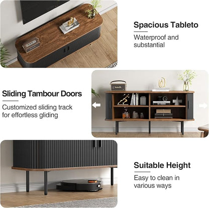55''W Black Cabinet with Storage, Media Console, Tambour TV Stand, Television - Image 4