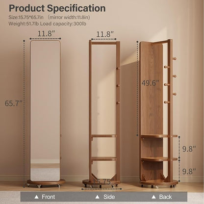 WoodsWhisper Full Length Mirror Coat Rack Solid Wood Floor Mirror 66"x12" Full - Image 2