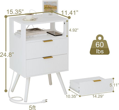 JOONEE White Nightstand with Charging Station and LED Lights, Modern Bedside - Image 2