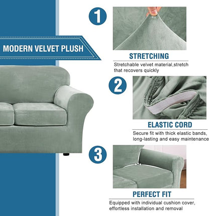H.VERSAILTEX Velvet 4 Piece High Stretch Sofa Slipcover Cover Furniture - Image 3