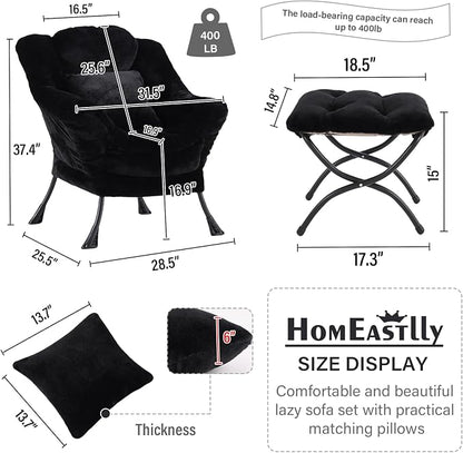 Lazy Chair with Ottoman, Large Black Accent Chair with Ottoman and FA Throw - Image 3