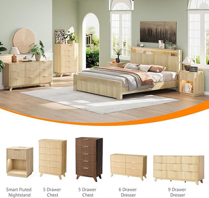 VINGLI Fluted Walnut Dresser 9 Drawer, Dark Wood Dresser Brown - Image 7