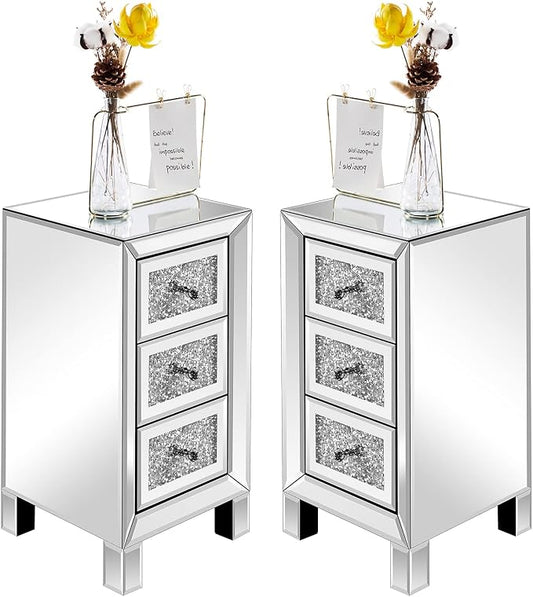 VINGLI 3-Drawer Mirrored Nightstand Bedside Table Modern Night Stands Set of 2 by VINGLI