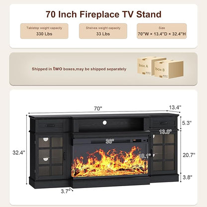 MXV 70" Fireplace TV Stand, 3-Sided Glass Fireplace and Modern Entertainment - Image 2