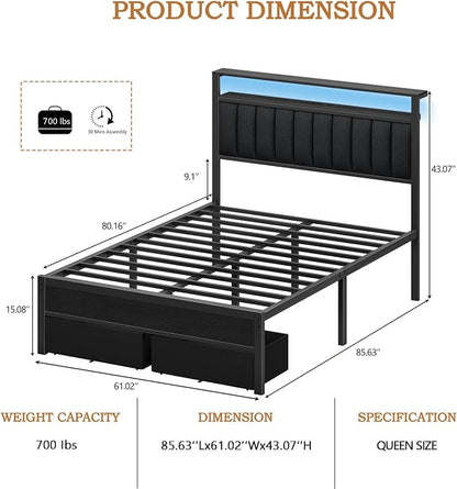 Furnulem Queen Bed Frame with Charging Station and LED Lights, Metal Platform - Image 2