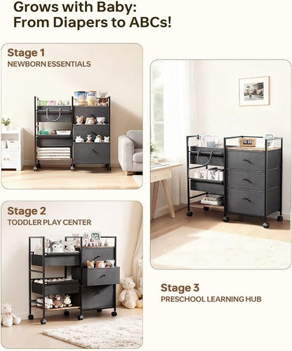 2-in-1 Baby Diaper Caddy Organizer and Storage-3 Tier Rolling Baby Cart - Image 5