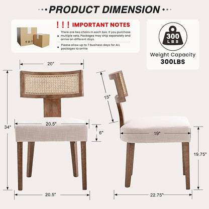 HNY Mid Century Modern Rattan Dining Chairs Set of 2, Farmhouse Linen - Image 2