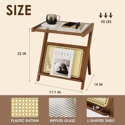 Bamworld Rattan Side Table Boho NightStand Mid Century Modern End Table Glass - Image 2