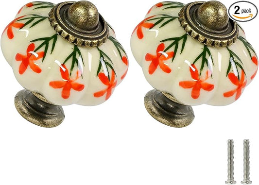 Ivory & Orange Pumpkin Knobs 2 Pack Ceramic Cabinet Knobs Vintage Drawer Pulls by Zernmiarder