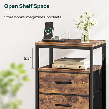 Huuger Nightstand with Charging Station, 27.6 Inch Bedside Table with Fabric - Image 3