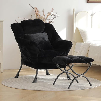 Lazy Chair with Ottoman, Large Black Accent Chair with Ottoman and FA Throw - Image 4
