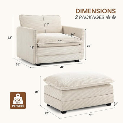 ROWHY Single Armchair with Ottoman, Modern Corduroy Cloud Couch with - Image 2