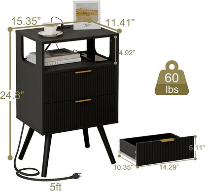 JOONEE Black Nightstand with Charging Station and LED Lights, Modern Bedside - Image 2