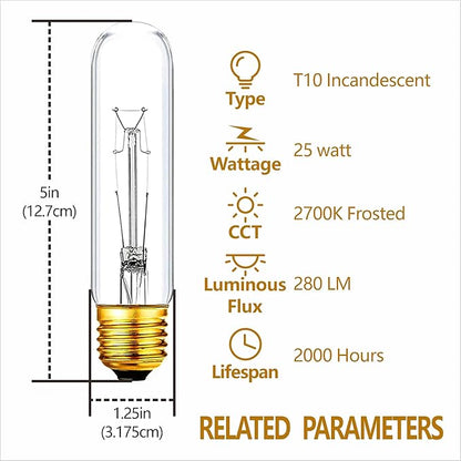25 Watt T10 Clear Tubular Incandescent Light Bulb, T10 Bulb, Vintage Style - Image 3