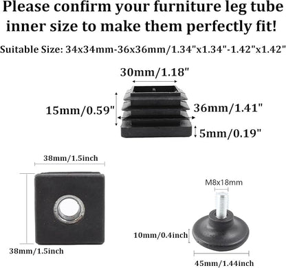 8Pcs Adjustable Leveling Feet 38 x 38mm Square Insert Kit Furniture Glide - Image 2