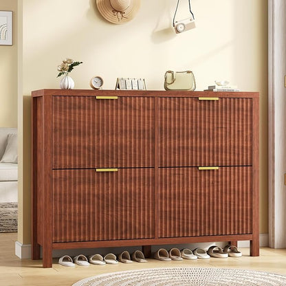 YOMILUVE Shoe Cabinet Storage for Entryway, Fluted Walnut Shoe Cabinet - Image 9