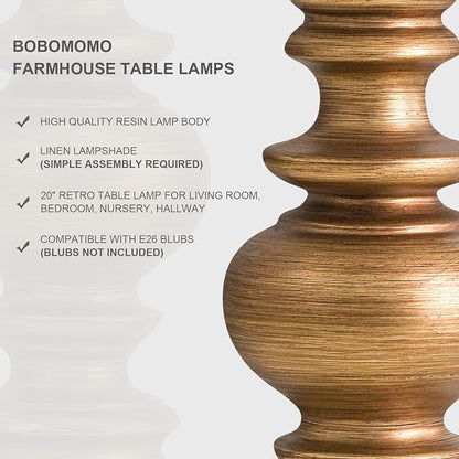 BOBOMOMO 20" Antique Gold Table Lamps Set of 2 – Handcrafted Vintage Bedside - Image 3