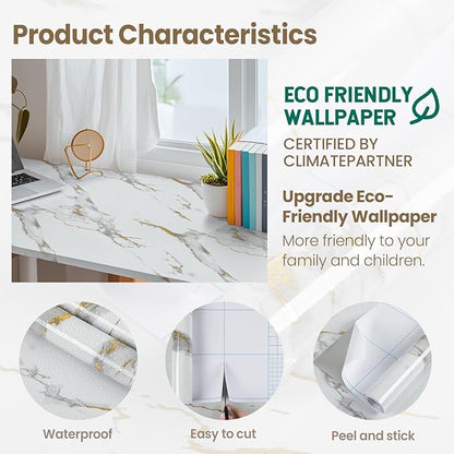practicalWs Glossy Marble Wallpaper Peel and Stick White/Gold Granite Contact - Image 3