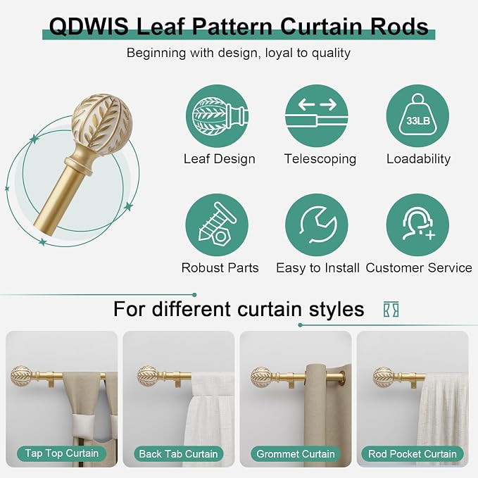 QDWIS Gold Curtain Rods for Windows 28 to 48 inch, Rustic Decorative Drapery - Image 6