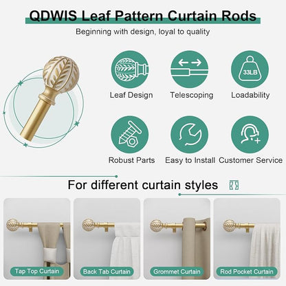 QDWIS Gold Curtain Rods for Windows 72 to 144 inch, Rustic Decorative Drapery - Image 6