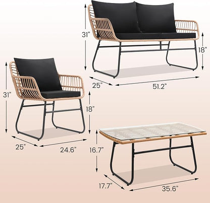 Kromax 4 Piece Patio Bistro Outdoor Furniture Set, Wicker Sofa, 2 Rattan Chairs - Image 6