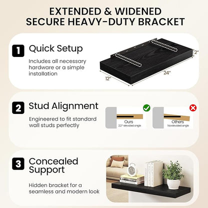 32Inch Black Floating Shelves for Wall, 12 Inch Deep Shelves for Bedroom - Image 6