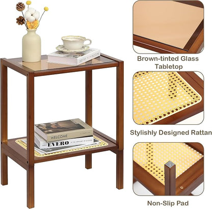 2-Tier Bamboo Side Table, Modern Glasstop Rattan Side Table, Mid Century Wood - Image 3