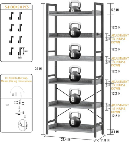 HCHQHS 6 Tier Bookshelf, Adjustable Industrial Bookcase, Vertical Tall Book - Image 3