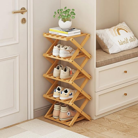 Foldable Shoe Rack, Bamboo Vertical Shoe Organizer Tall by XZXWZX