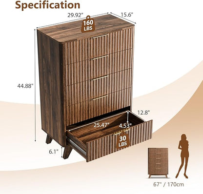 VINGLI Fluted Tall Dresser 5 Drawer Chest of Drawers, Walnut Wood Dresser - Image 2