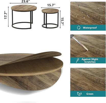 Smuxee Nesting Coffee Table Set of 2, 23.6" Round Coffee Table Wood Grain Top - Image 2