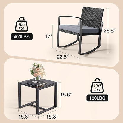 Qsun 3 Pieces Patio Furniture Set Rocking Bistro Set Outdoor Rattan Conversation - Image 2